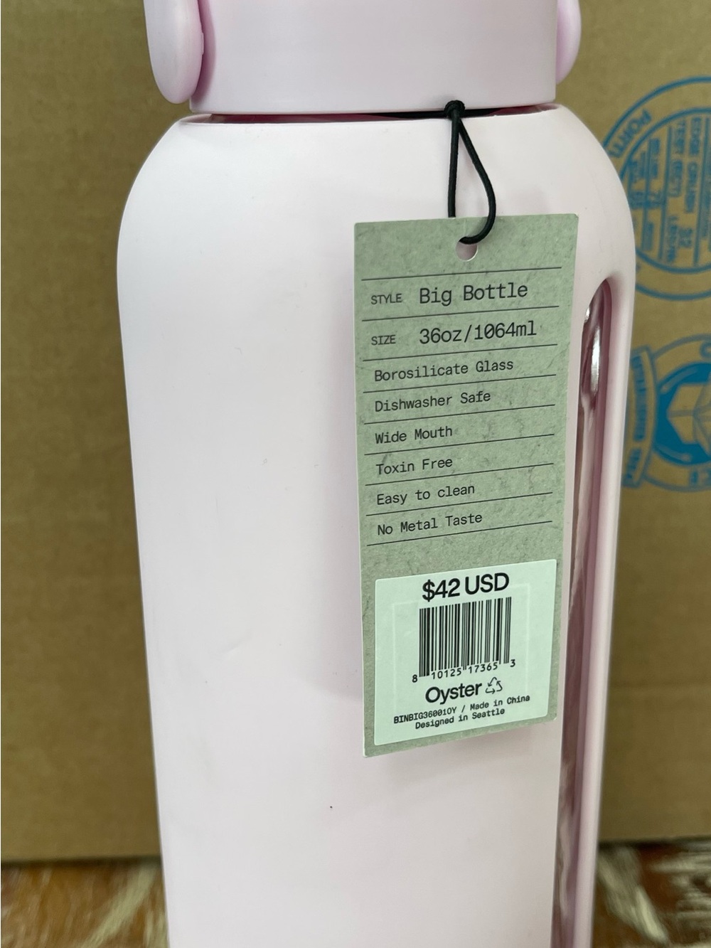 Oyster Big Bottle 36oz Pink Borosilicate Glass Water Bottle